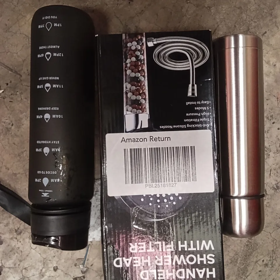 PALLET OF ASSORTED ITEMS INCLUDING - FLASK, WATER BOTTLE, SHOWER HEAD WITH FILTER 
