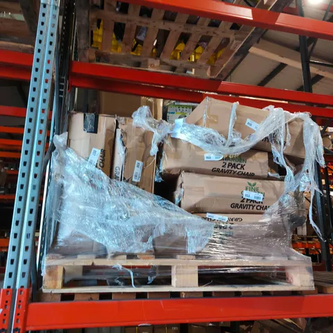 PALLET OF APPROXIMATELY 6 X 2 PACK GRAVITY CHAIRS AND 2 CAGES OF APPROXIMATELY 100 ASSORTED ITEMS INCLUDING WOMENS KNITWEAR , LA MAREY KNITTED JUMPER , EMPTY RING BOXES AND FOLDING ELECTRICAL TREADMIL