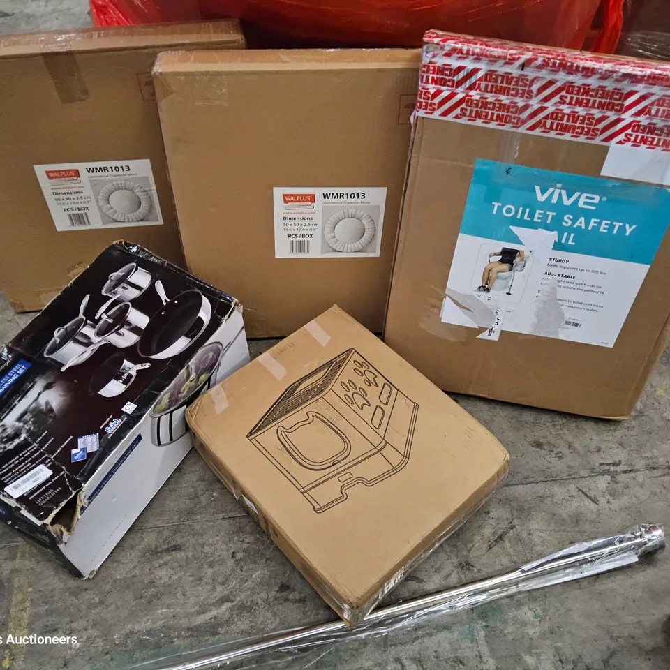 PALLET OF ASSORTED ITEMS TO INCLUDE, TRAPIZOID MIRRORS, BUTTERFLY MIRRORS, TENSION BARS, STELLAR PAN SET, TOILET SAFETY RAIL.