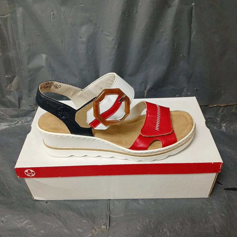 BOXED PAIR OF RIEKER ANTISTRESS WEDGE SANDALS IN BLUE/RED MULTI SIZE 6