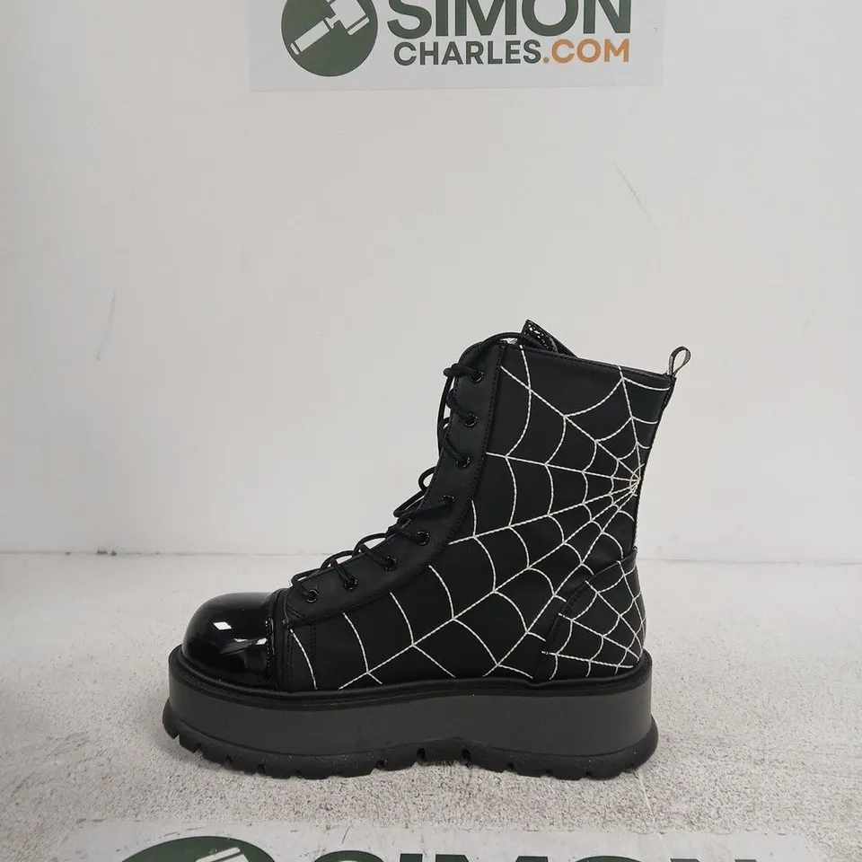 DEMONIA UK 10 BLACK VEGAN LEATHER LACE-UP BOOTS WITH SPIDERWEB PATTERN