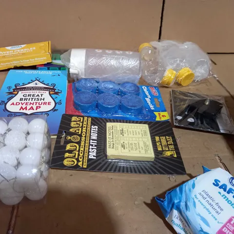 TOTE OF APPROXIMATLY 16 ASSORTED ITEMS TO INCLUDE A DISHWASHER TABLET SET. A STEROLIZED BOTTLE SET AND GREAT BRITISH ADVENTURE MAP
