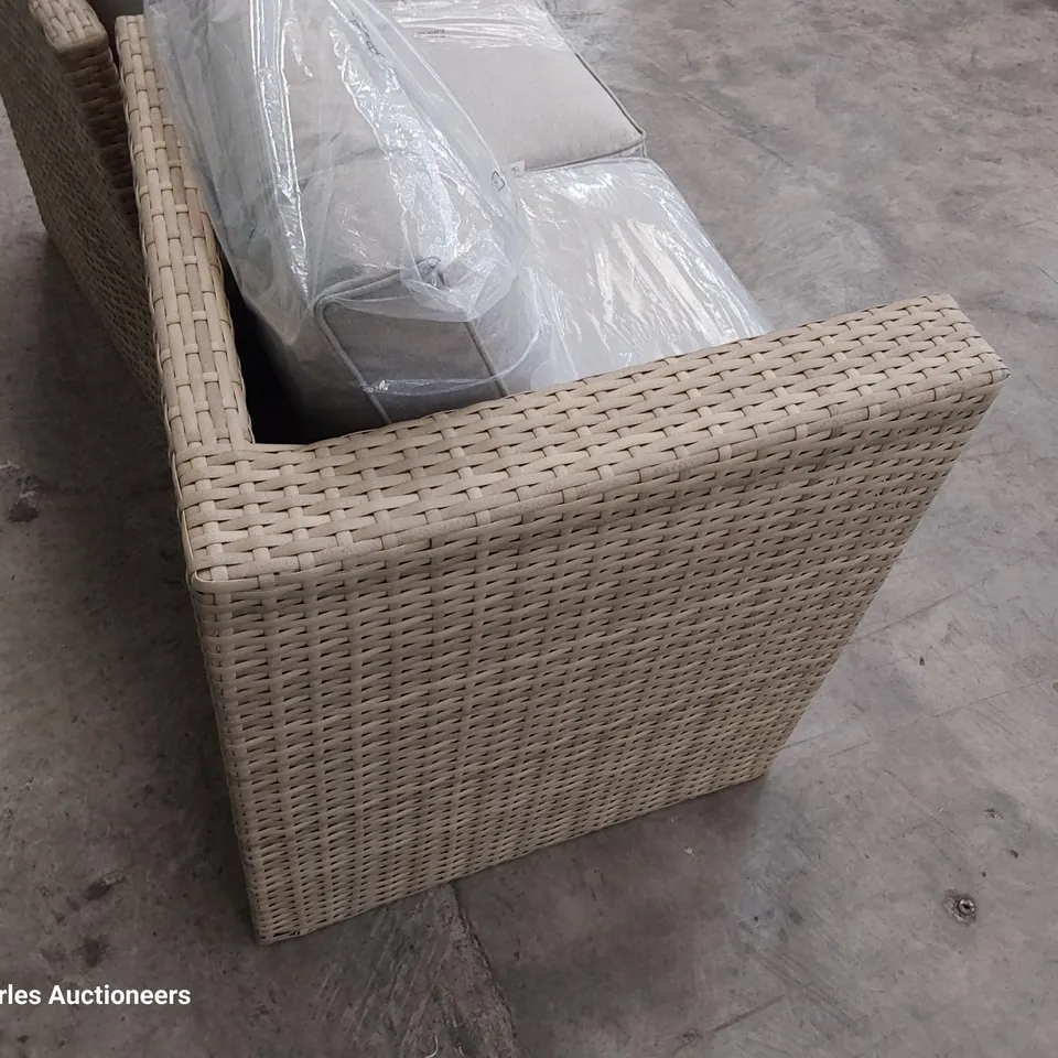 TWO SEATER LIGHT GREY RATTAN SOFA & CUSHIONS