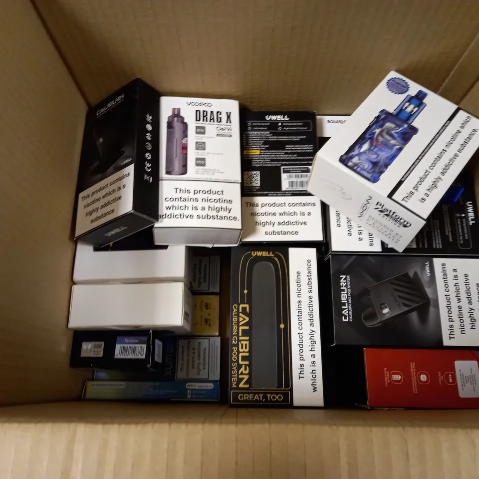 BOX OF APPROXMATELY 35 E-CIGARETTES AND LIQUIDS TO INCLUDE VOOPOO DRAG X, CALIBURN AK2 POD SYSTEM, INNOKIN ADEPT MOD, ETC