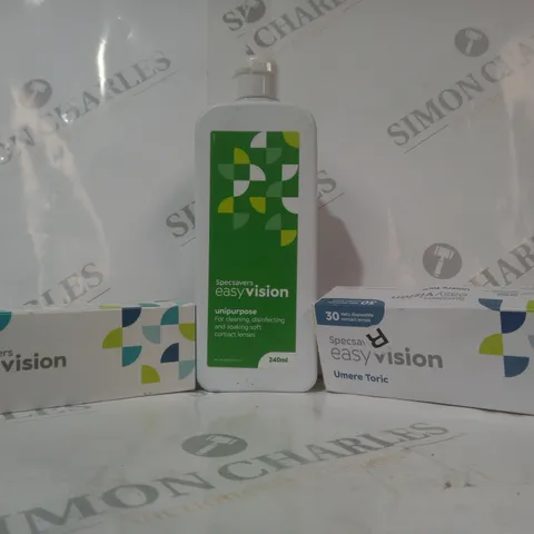 APPROXIMATELY 20 ASSORTED HOUSEHOLD ITEMS TO INCLUDE EASY VISION CONTACT LENSES, EASY VISION UNIPURPOSE CLEANER FOR CONTACT LENSES, ETC