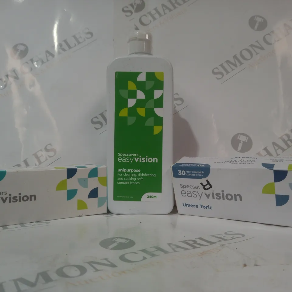 APPROXIMATELY 20 ASSORTED HOUSEHOLD ITEMS TO INCLUDE EASY VISION CONTACT LENSES, EASY VISION UNIPURPOSE CLEANER FOR CONTACT LENSES, ETC