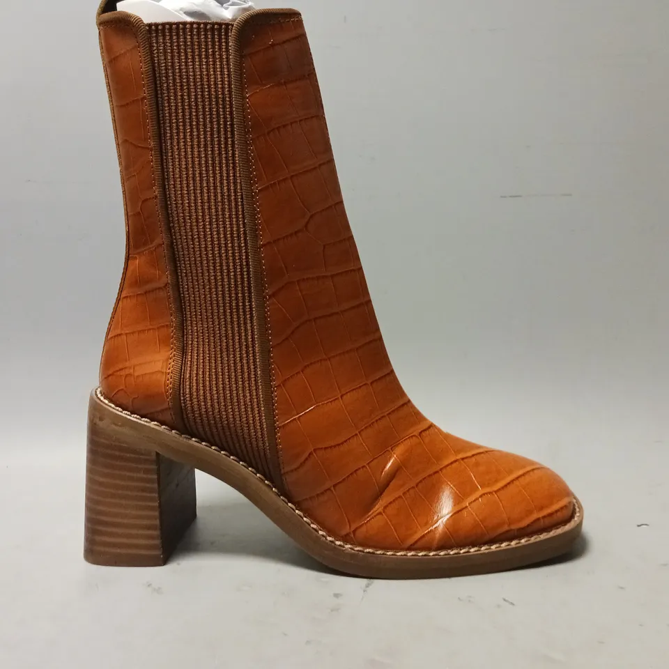 BOXED PAIR OF ASOS BLOCK HEEL ANKLE BOOTS IN TAN CROC SIZE 5