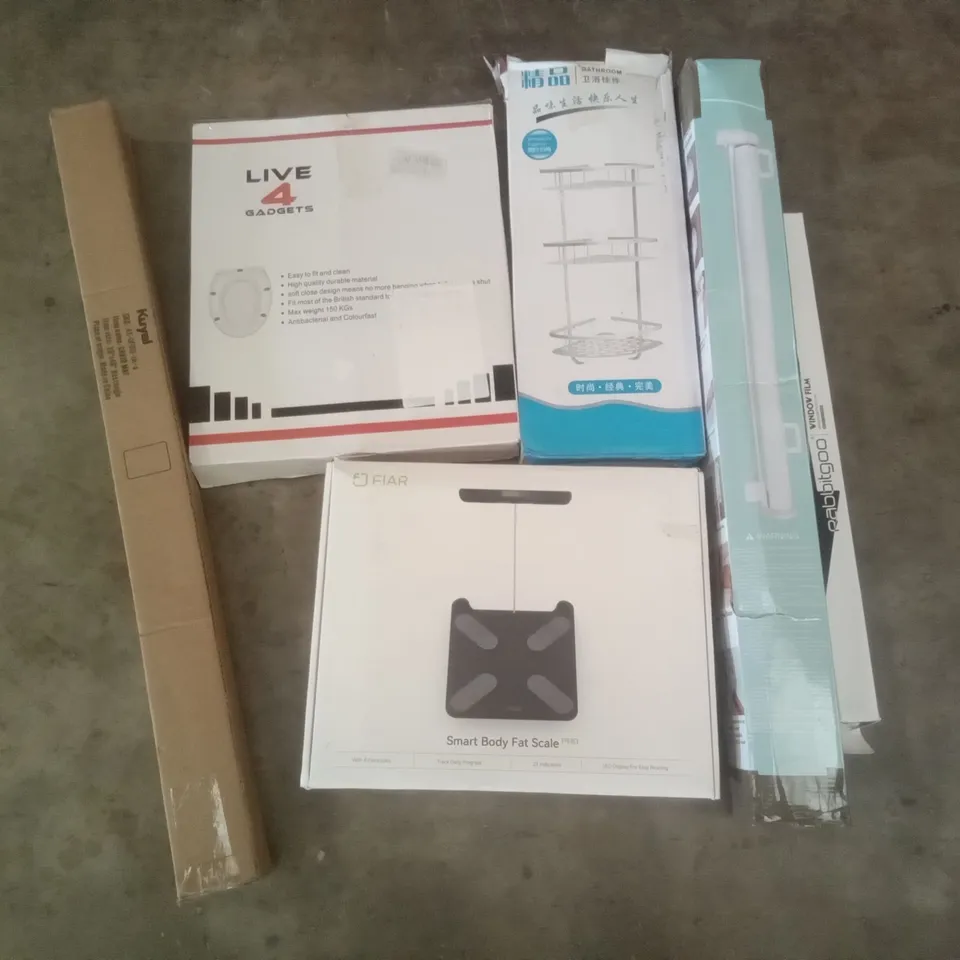 PALLET OF ASSORTED ITEMS INCLUDING LIVE4GADGETS TOILET SEAT, SHOWER CADDY,RETRACTABLE SAFETY GATE, RABBITGOO WINDOW FILM, KUYAL CHAIR MAT, FIAR SMART BODY FAT SCALE