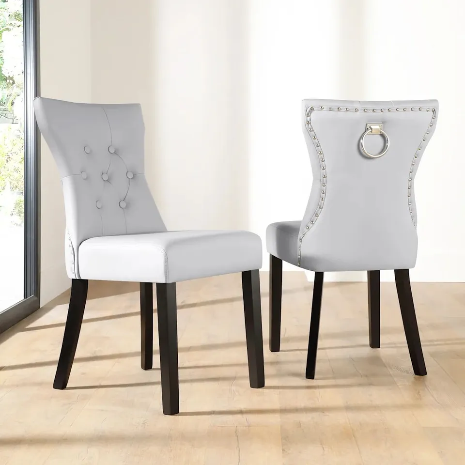 BOXED KENSINGTON DINING CHAIR, LIGHT GREY PREMIUM FAUX LEATHER & BLACK SOLID HARDWOOD (1 BOX)
