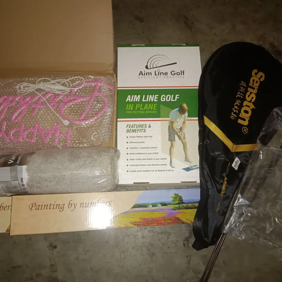 PALLET OF ASSORTED ITEMS TO INCLUDE LIGHT UP HAPPY BIRTHDAY SIGN, PRO PUTTING MIRROR AND PAINT BY NUMBERS SETS