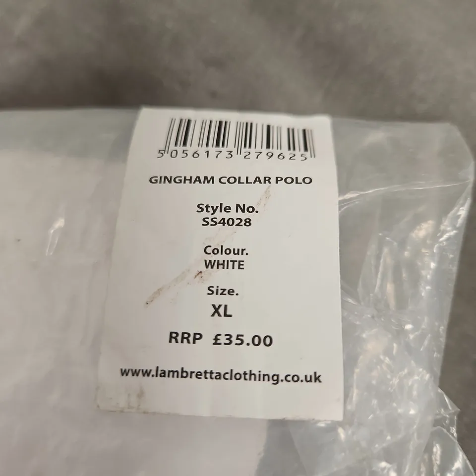 LAMBRETTA GINGHAM COLLAR POLO SHIRT – WHITE, SIZE XL