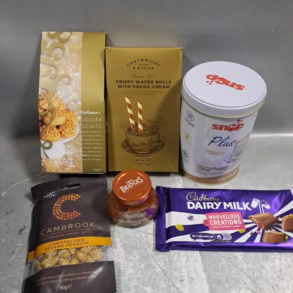 APPROXIMATELY 10 ASSORTED FOOD/DRINK PRODUCTS TO INCLUDE CADBURY DAIRY MILK, MRS BRIDGES SALSA, CAMBROOK PEANUTS ETC