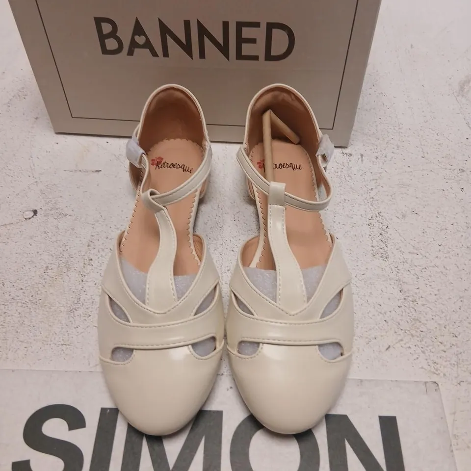 RETROSQUE BEIGE T-STRAP SANDALS, UK SIZE 6