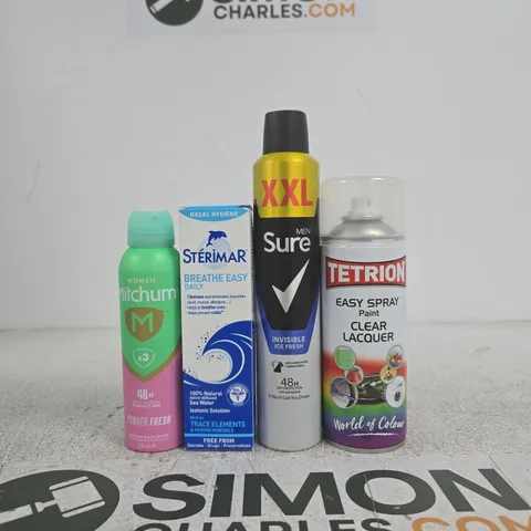 APPROXIMATELY 15 ASSORTED ITEMS INCLUDING TETRION EASY SPRAY PAINT, SURE MEN ANTI-ANTIPERSPIRANT AND STERIMAR BREATH EASY ISOTONIC SOLUTION