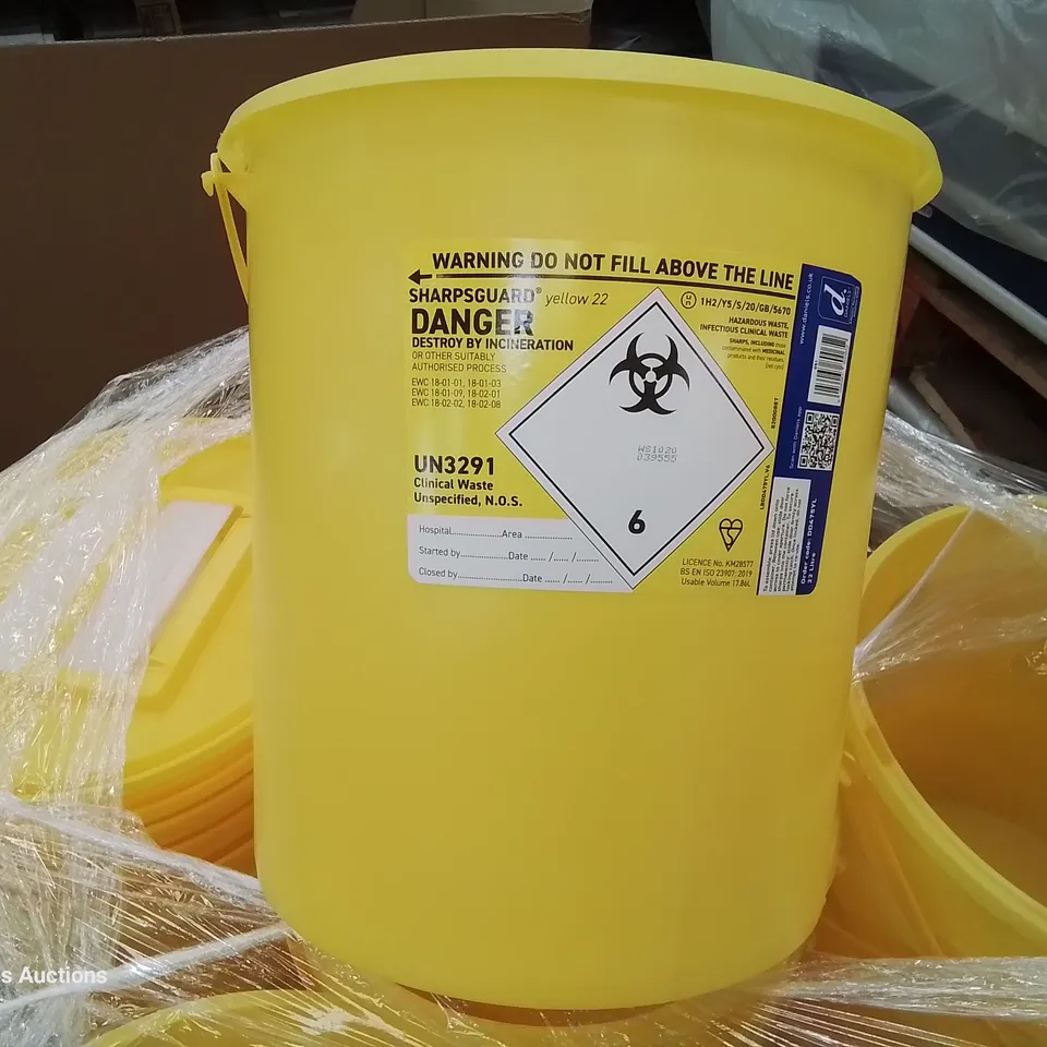 PALLET CONTAINING APPROXIMATELY 38 SHARPGUARD YELLOW 22 HAZARDOUS WASTE BUCKETS & LIDS