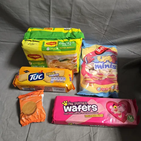 APPROXIMATELY 10 ASSORTED FOOD PRODUCTS TO INCLUDE FLUMPS, TUC BISCUITS, INSTANT NOODLES ETC 