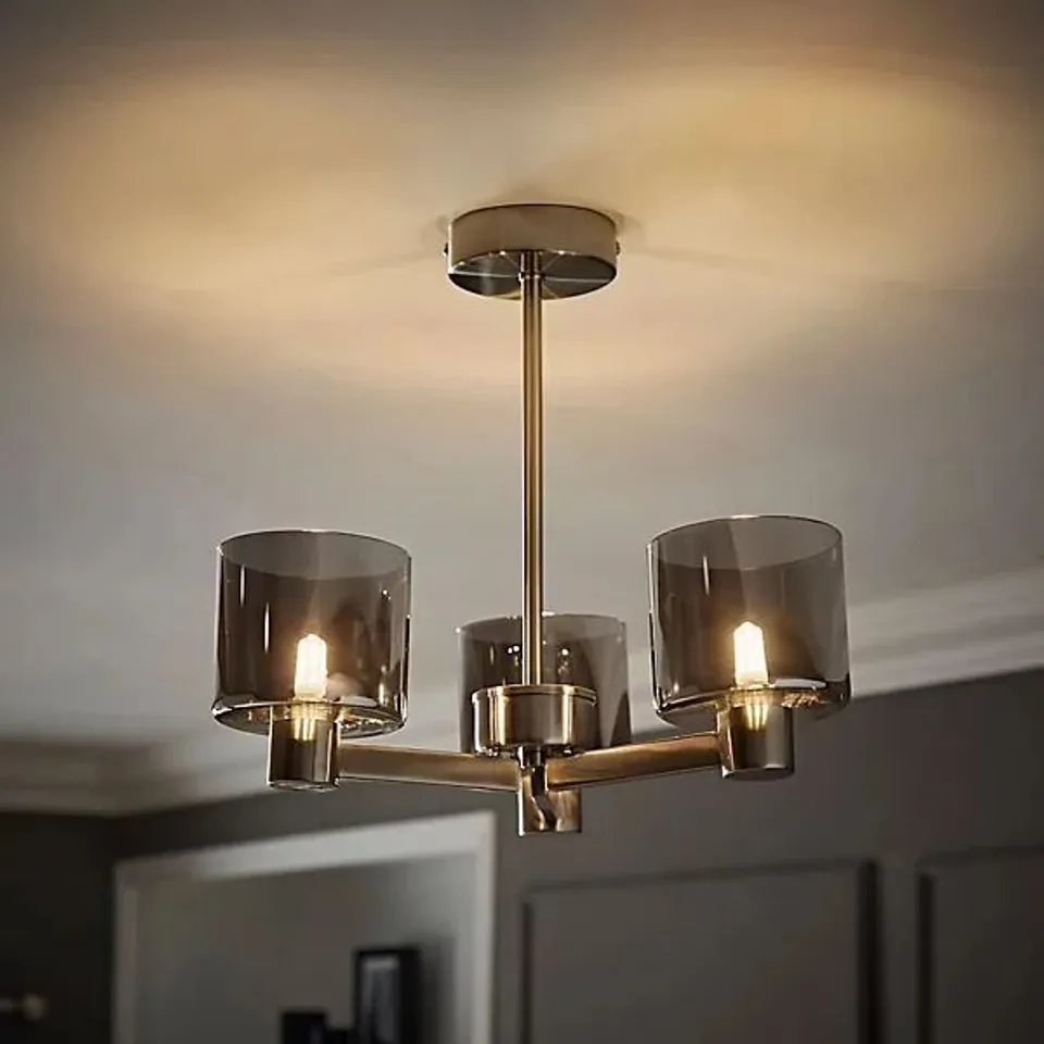 BOXED VALUELIGHTS DEMI BRUSHED CHROME AND SMOKED GLASS 3 ARM CHANDELIER CEILING LIGHT