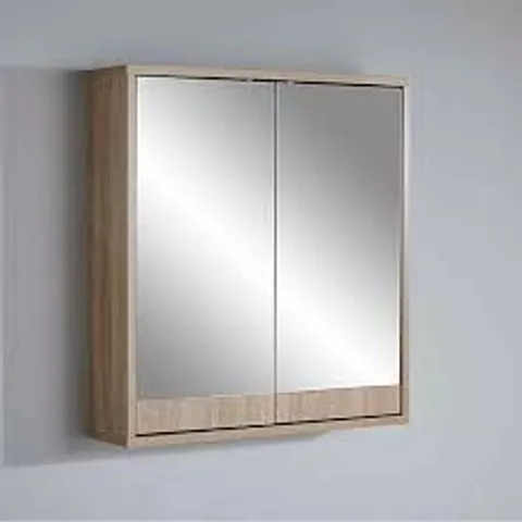 BOXED BATHROOM MIRRORED WOOD EFFECT WALL MOUNTED STORAGE CABINET IN BROWN