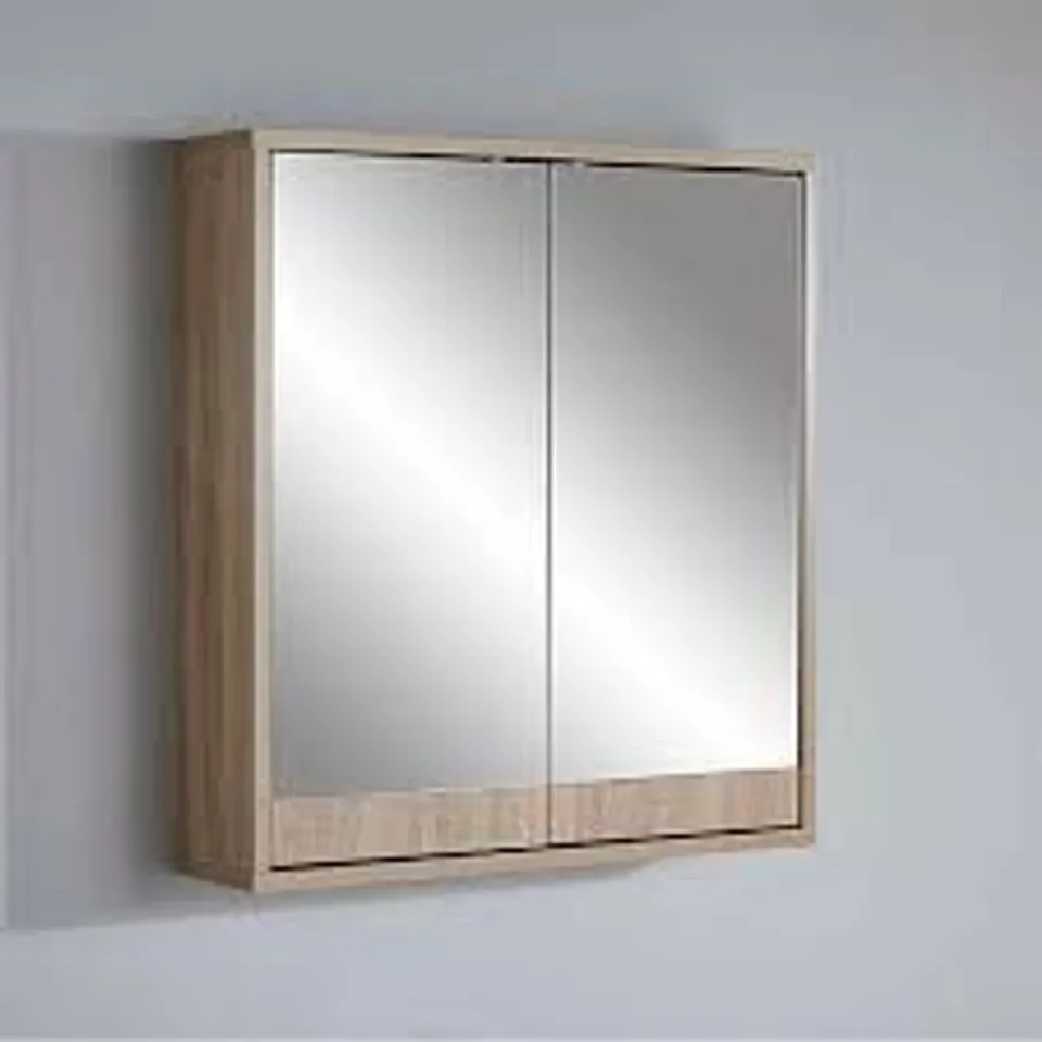 BOXED BATHROOM MIRRORED WOOD EFFECT WALL MOUNTED STORAGE CABINET IN BROWN