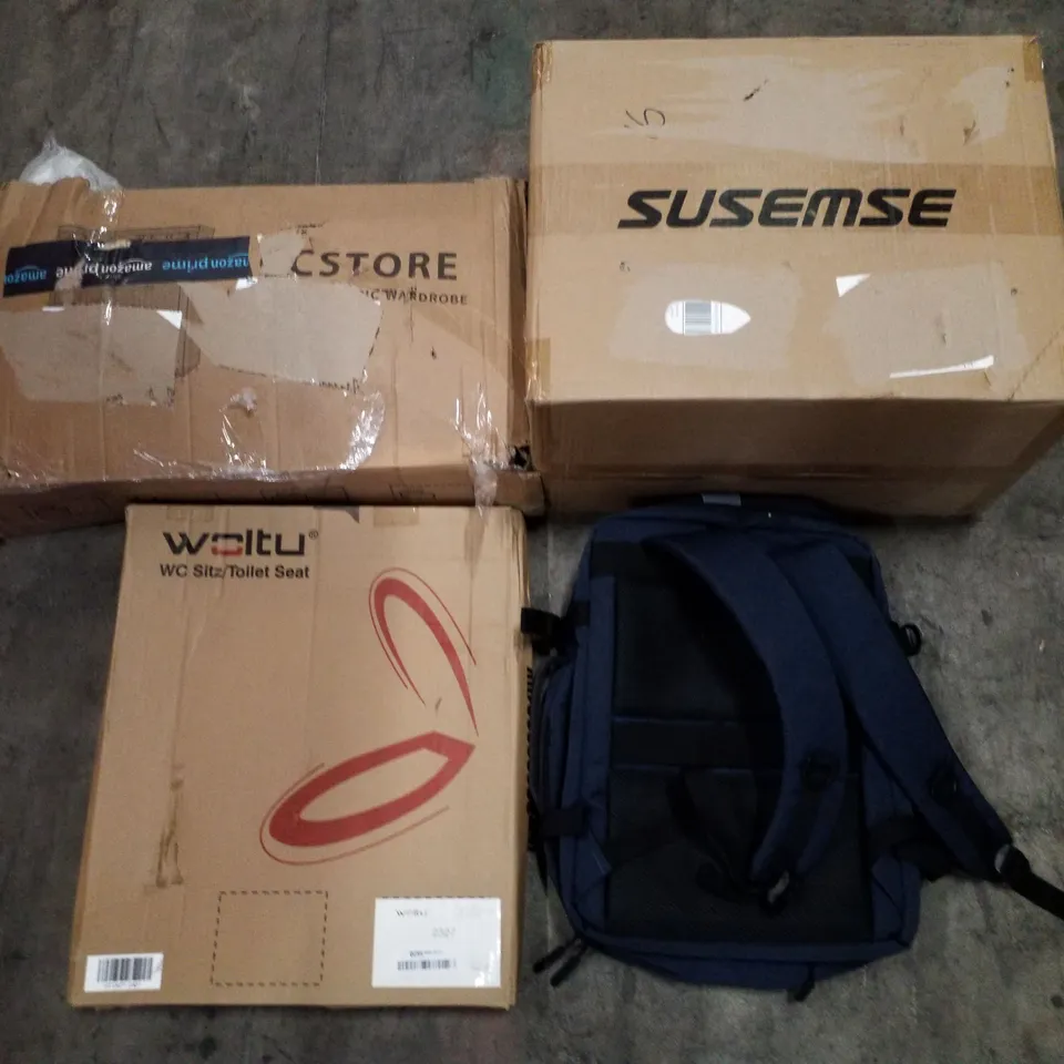 PALLET OF ASSORTED PRODUCTS INCLUDING NON WOVEN FABRIC WARDROBE, AIR PLASMA CUTTER, TOILET SEAT, BACKPACK, HARDWOOD CHAIR