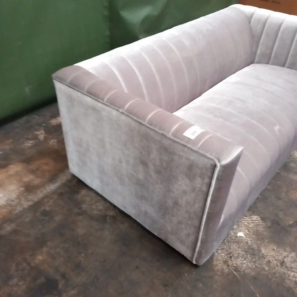 DESIGNER SILVER FABRIC SMALL SOFA WITH PANEL DETAIL