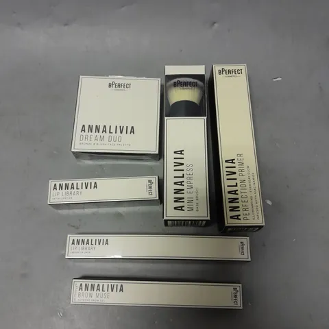 LOT OF 6 BPERFECT ANNALIVIA MAKE UP PRODUCTS TO INCLUDE A CHEEK BRUSH, LIPSTICK AND BROW GEL