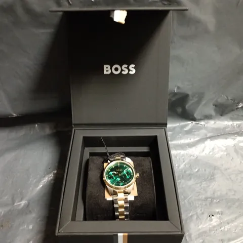 HUGO BOSS WATCH – GREEN DIAL, TWO-TONE STAINLESS STEEL BRACELET, BOXED