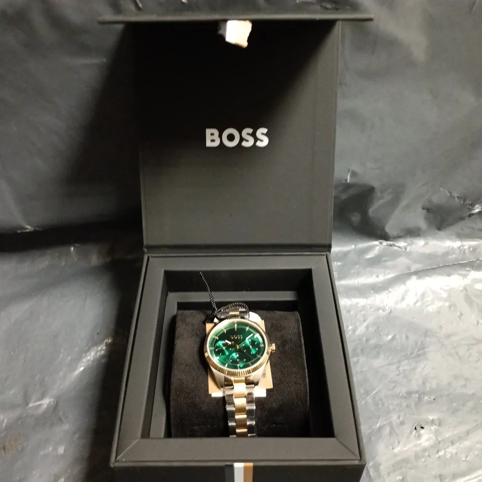 HUGO BOSS WATCH – GREEN DIAL, TWO-TONE STAINLESS STEEL BRACELET, BOXED