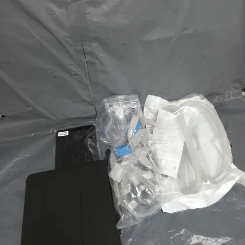 BOX OF ASSORTED HOUSEHOLD ITEMS TO INCLUDE TABLET CASE, FACE MASK AND SLIMLINE TUBING