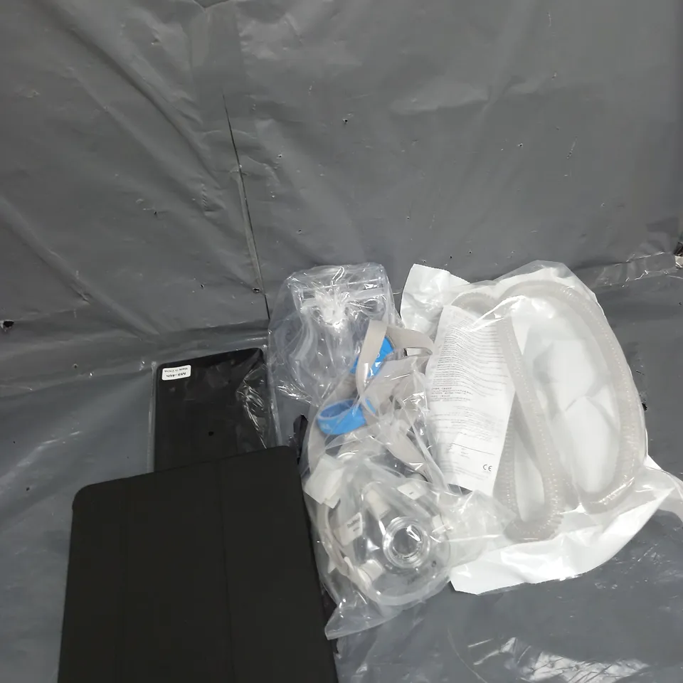 BOX OF ASSORTED HOUSEHOLD ITEMS TO INCLUDE TABLET CASE, FACE MASK AND SLIMLINE TUBING