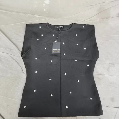 RIVER ISLAND BLACK STUDDED SLEEVELESS TOP - UK MEDIUM