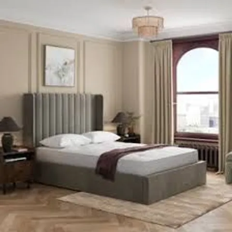 BOXED ALARA VELVET OTTOMAN BED, KING SIZE - DOVE GREY VELVET (3 BOXES)