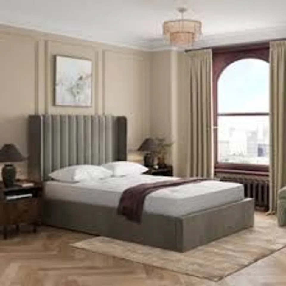 BOXED ALARA VELVET OTTOMAN BED, KING SIZE - DOVE GREY VELVET (3 BOXES)