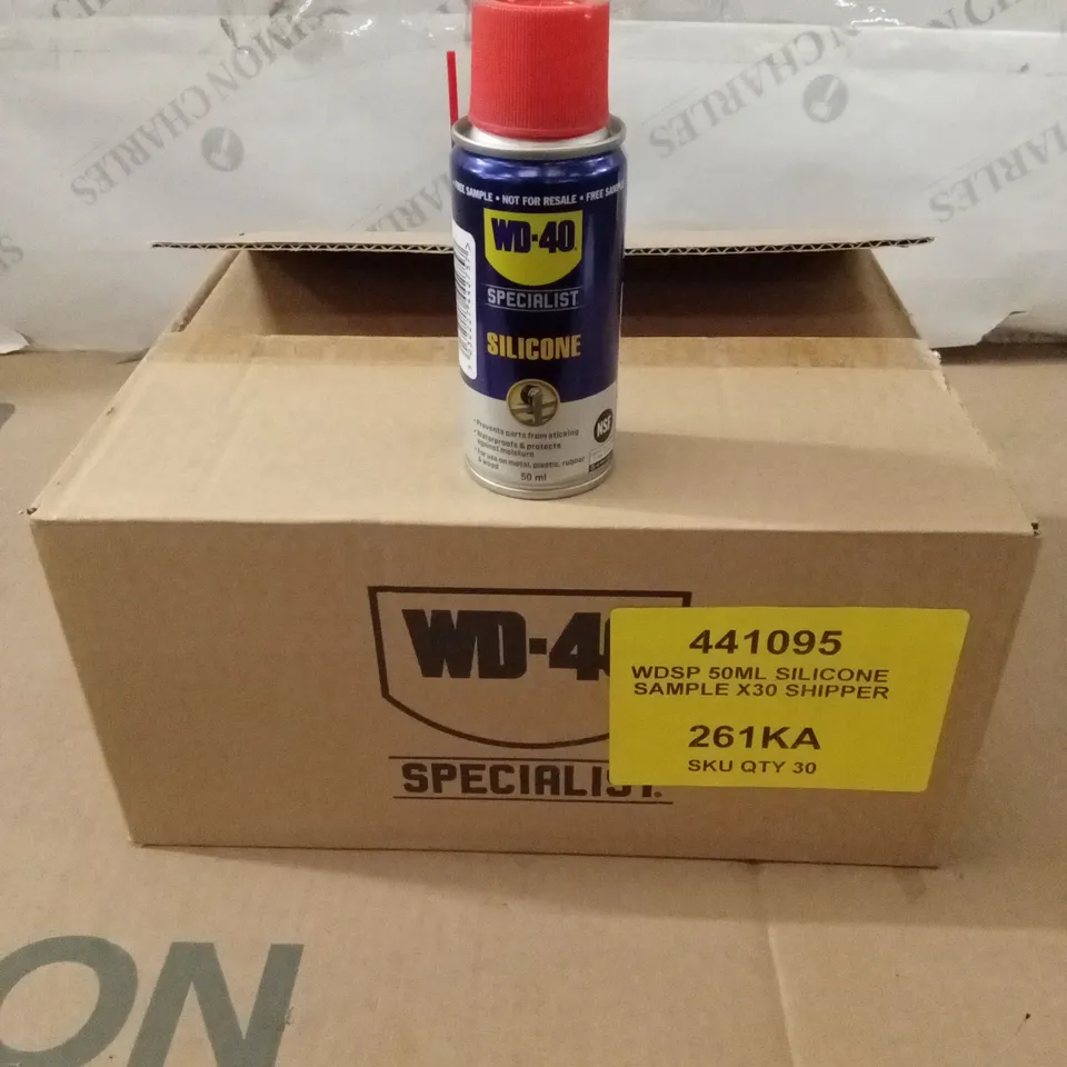 BOX CONTAINING APPROX 30 BOTTLES OF WD-40 HIGH PERFORMANCE SILICONE LUBRICANT ARESOL, 50ml PER BOTTLE - SAMPLES