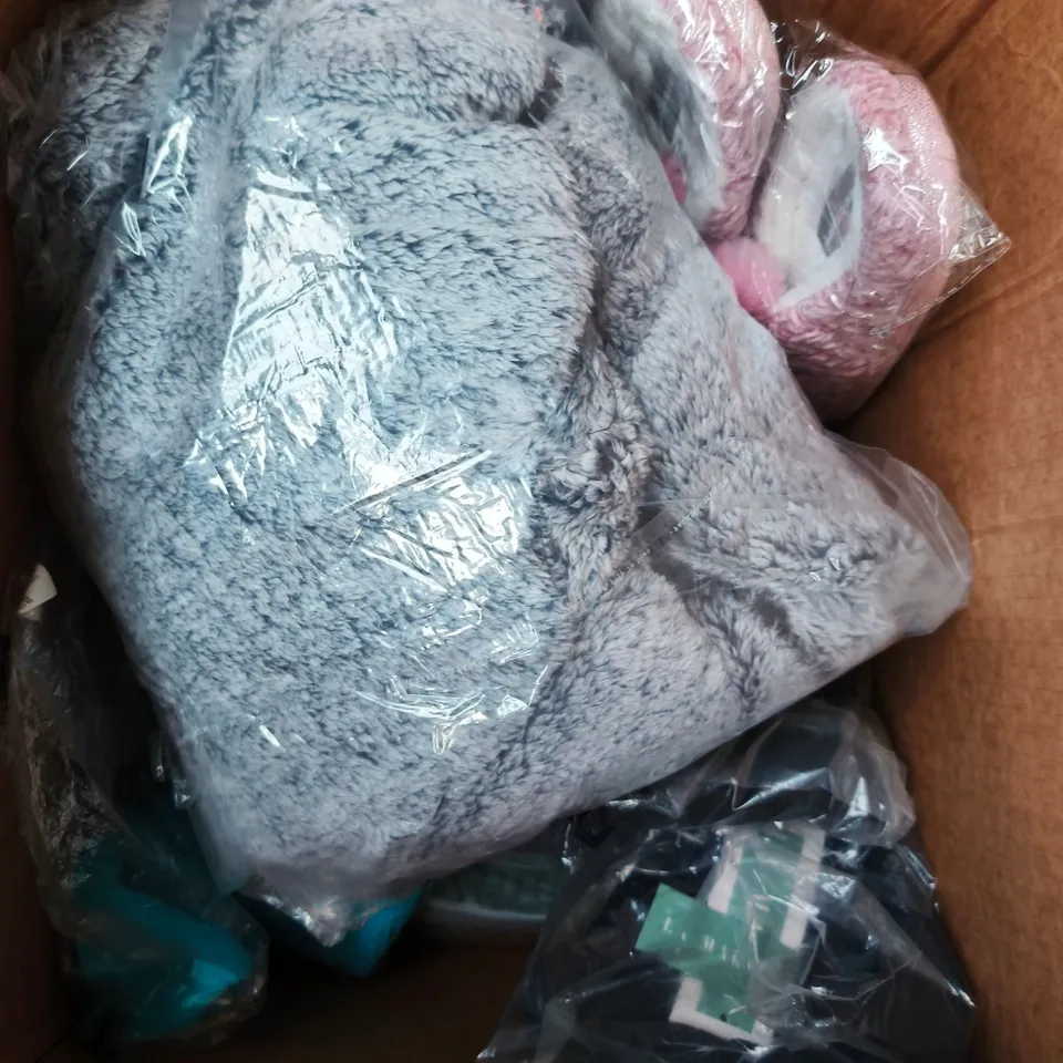 APPROXIMATELY 10 ASSORTED CLOTHING PRODUCTS TO INCLUDE HANDBAGS, SLIPPERS, JACKETS ETC