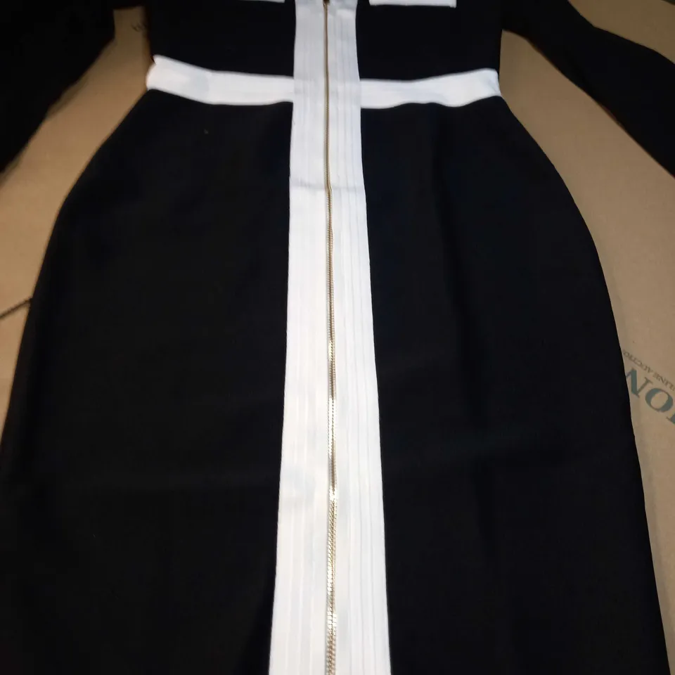KAREN MILLEN BLACK/WHITE MILITARY CHIFFON SLEEVE MIDI DRESS - MEDIUM