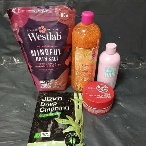APPROXIMATEY 20 ASSORTED HEALTH AND BEAUTY PRODUCTS TO INCLUDE WESTLAB BATH SALTS, RED ONE HAIR WAX AND HAIR BURST CONDITIONER