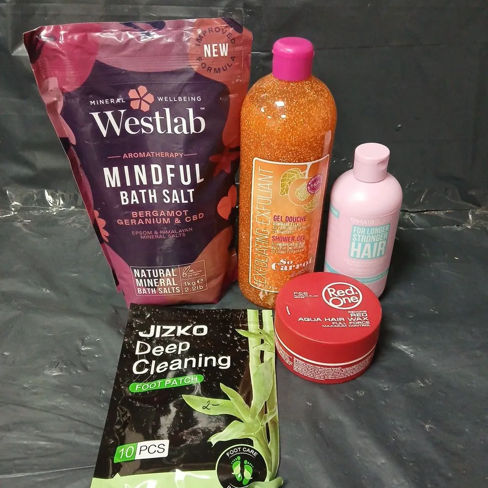 APPROXIMATEY 20 ASSORTED HEALTH AND BEAUTY PRODUCTS TO INCLUDE WESTLAB BATH SALTS, RED ONE HAIR WAX AND HAIR BURST CONDITIONER