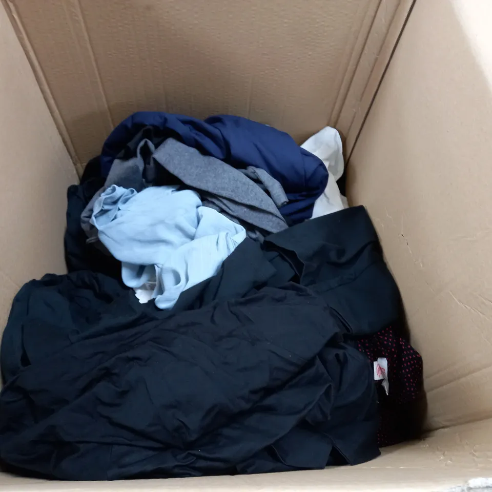 BOX OF APPROXIMATELY 16 ASSORTED CLOTHING ITEMS TO INCLUDE A PAIR OF JOGGING BOTTOMS AND A NIGHT GOWN