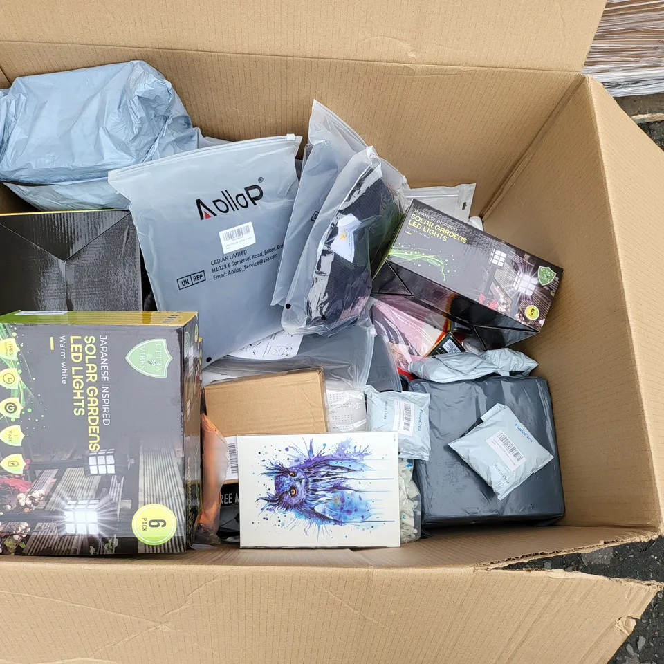 PALLET OF 6 LARGE BOXES OF A SIGNIFICANT QUANTITY OF ASSORTED ITEMS TO INCLUDE ULTRA VIBES JAPANESE INSPIRED SOLAR GARDENS LED LIGHTS, MOSISO CASE FOR MACBOOK, FAIRY LANTERN CRAFT KIT, FLYING ROCKET, 