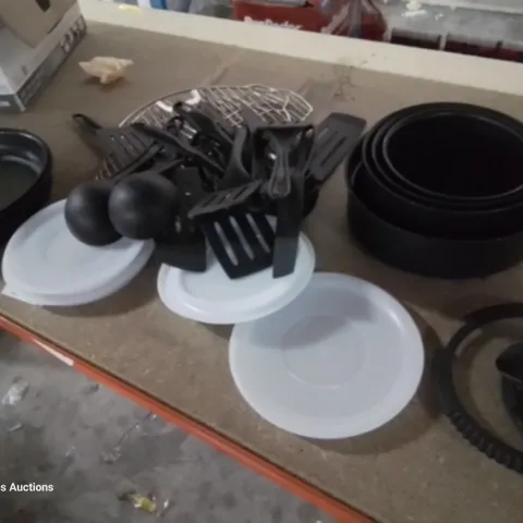 BOX OF ASSORTED TEFAL ITEMS, INCLUDING, INDENIO PAN PARTS & LIDS, UTENSILS, GRILL RACKS.
