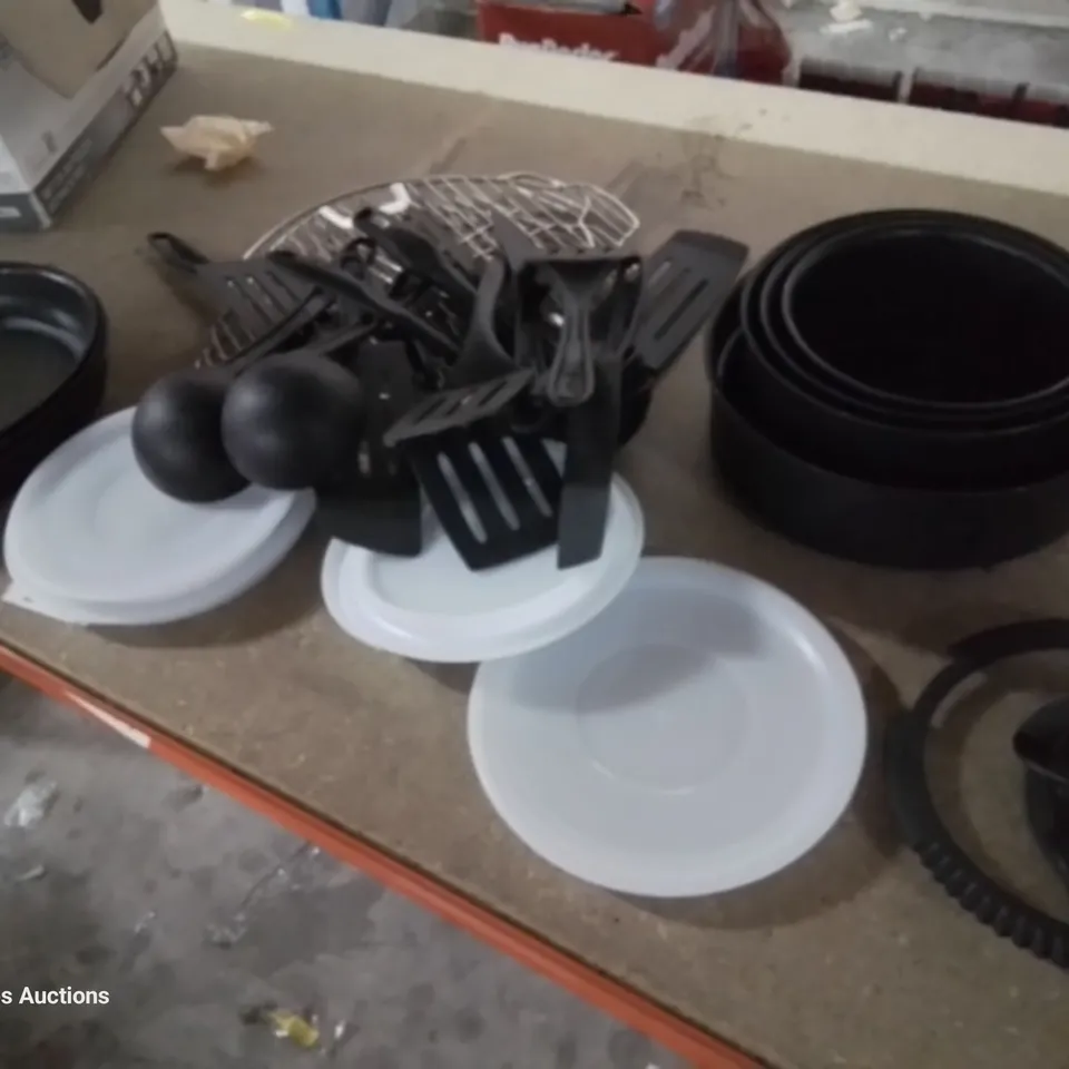 BOX OF ASSORTED TEFAL ITEMS, INCLUDING, INDENIO PAN PARTS & LIDS, UTENSILS, GRILL RACKS.