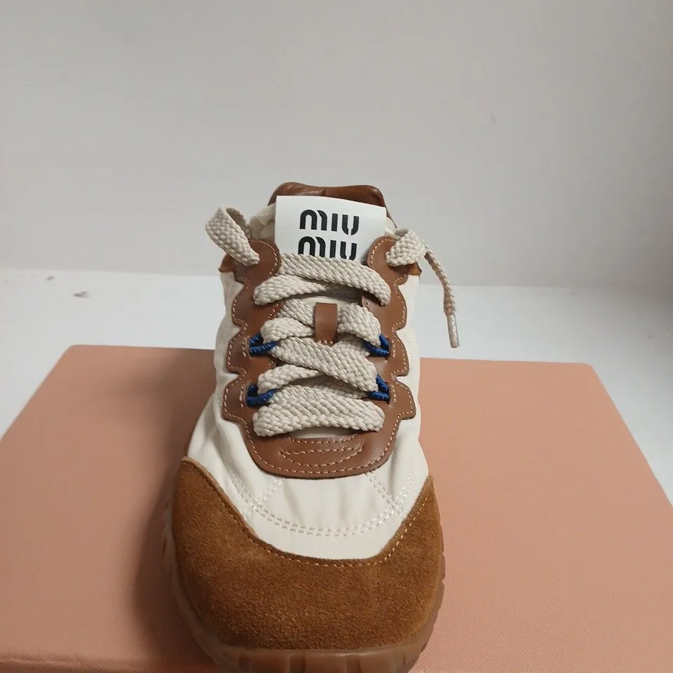 BOXED PAIR OF MIU MIU WOMEN'S SNEAKERS – WHITE & TAN, UK 5