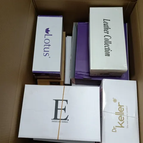 BOX OF APPROXIMATELY 12 PAIRS OF ASSORTED SHOES IN VARIOUS STYLES , COLOURS AND SIZES INCLUDING LEATHER COLLECTION AND LOTUS 