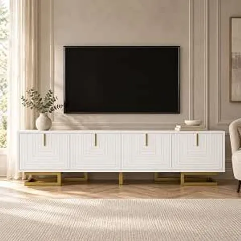 BOXED MERAX TV UNIT CABINET ENTERTAINMENT CENTER - WHITE AND GOLD 