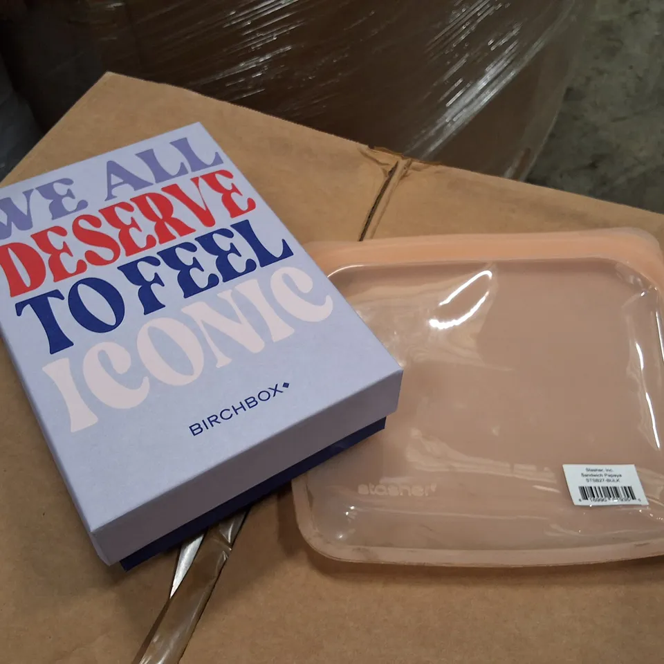 PALLET CONTAINING LARGE QUANTITY OF BIRCHBOX STASHERS , "WE ALL DESERVE TO FEEL ICONIC" BOXES & SHREDDED KRAFT PAPER
