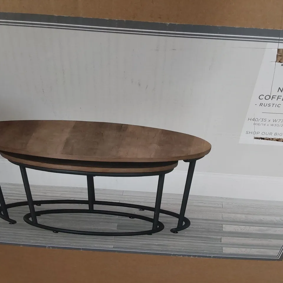 BOXED DESIGNER FULTON NEST OF COFFEE TABLES RUSTIC PINE EFFECT H40/35 W77/57 D77/57cm