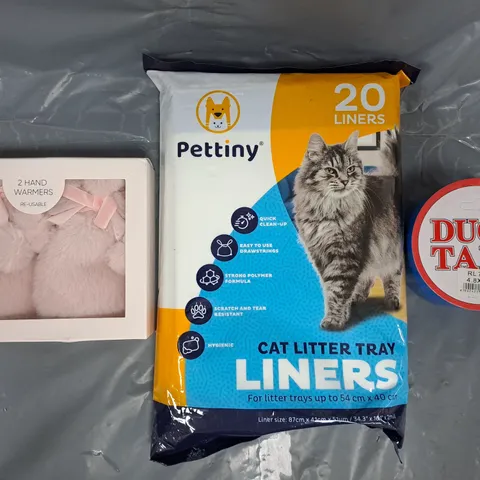 APPROXIMATELY 10 ASSORTED HOUSEHOLD ITEMS TO INCLUDE DUCT TAPE, CAT LITTER TRAY LINERS, HAND WARMERS, ETC