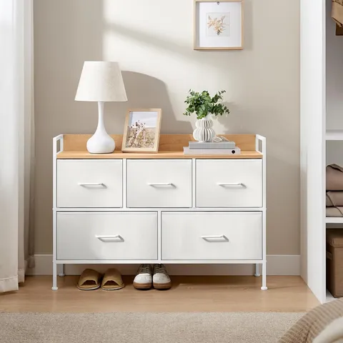 BOXED SONGMICS CHEST OF DRAWERS FOR BEDROOM, 5 FABRIC DRAWERS WITH HANDLES - WHITE/OAK/BEIGE