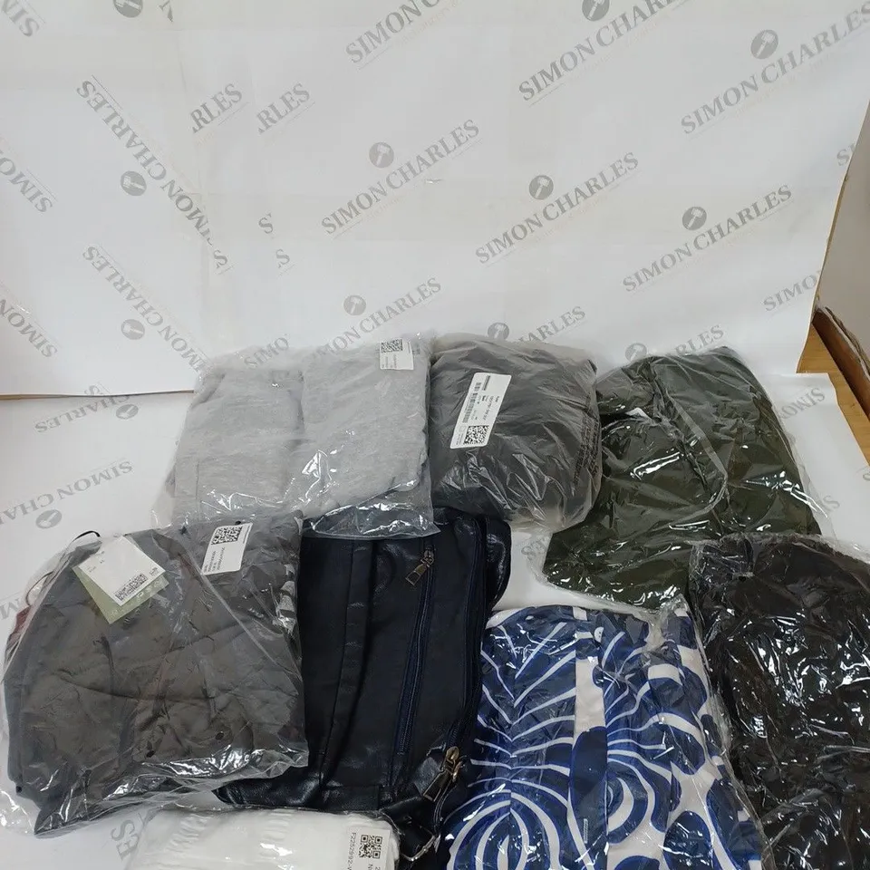 LARGE BOX OF ASSORTED CLOTHING ITEMS IN VARIOUS COLOURS AND SIZES INCLUDING TROUSERS , TOPS AND JUMPERS 